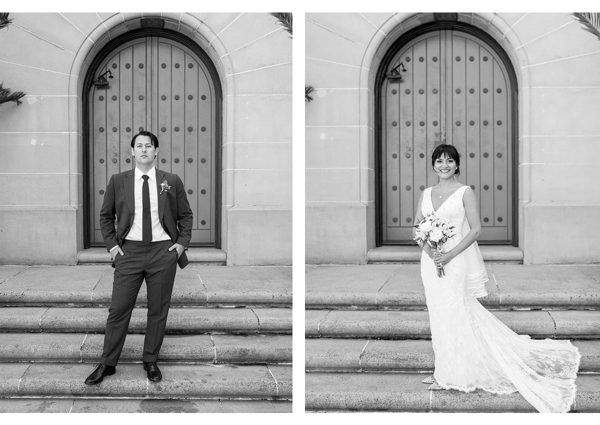 Side by side portraits of Bride and Groom at Presidio