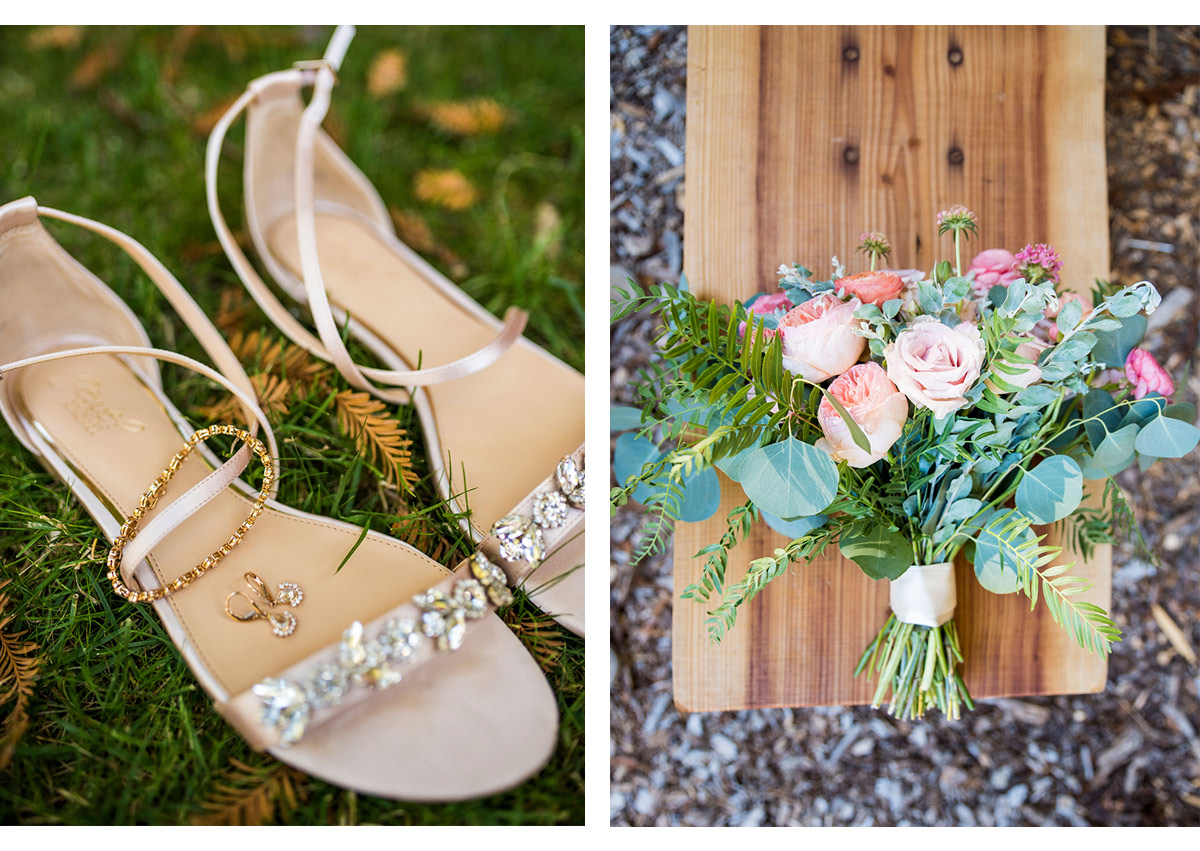 Detail photo of Bride's shoes and bouquet in Woodside, CA
