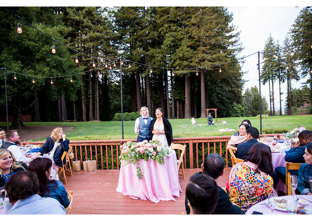 Couple giving toast during wedding reception