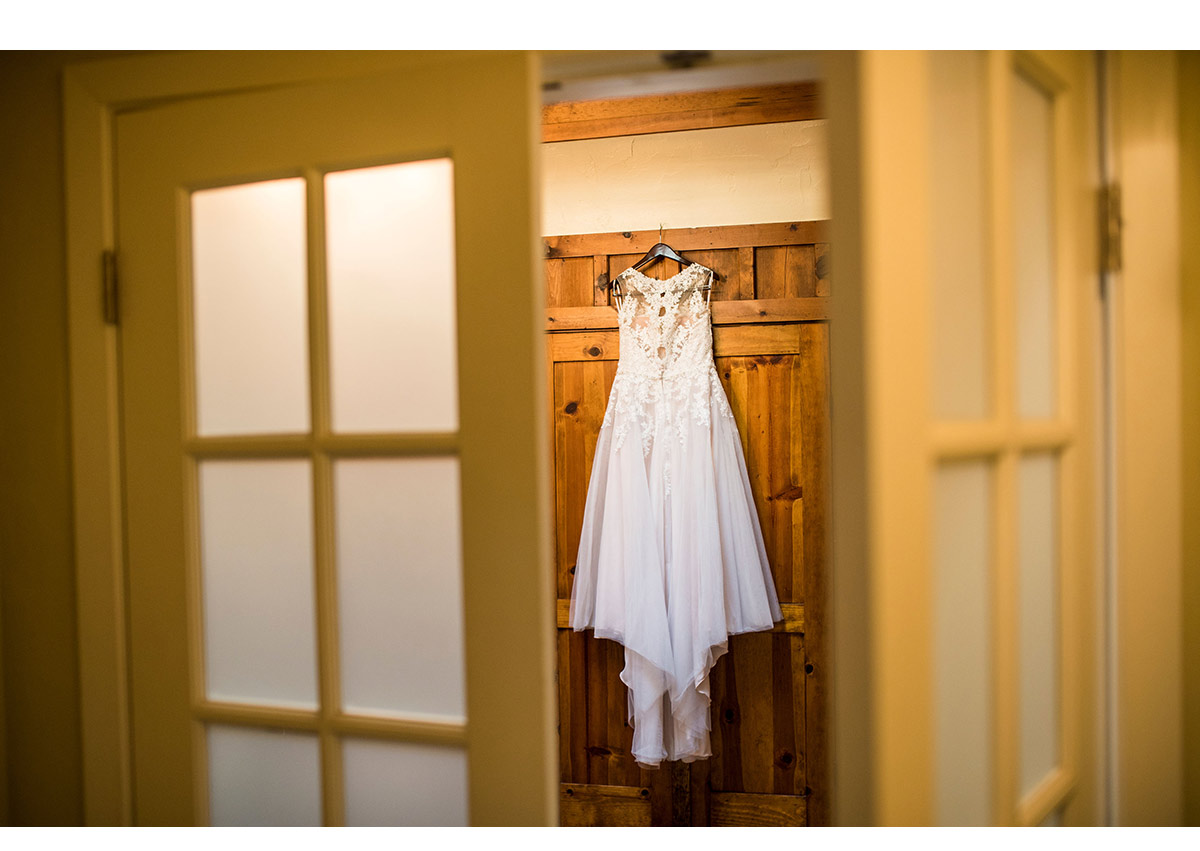 Wedding dress hanging up inside the Mountain Terrace