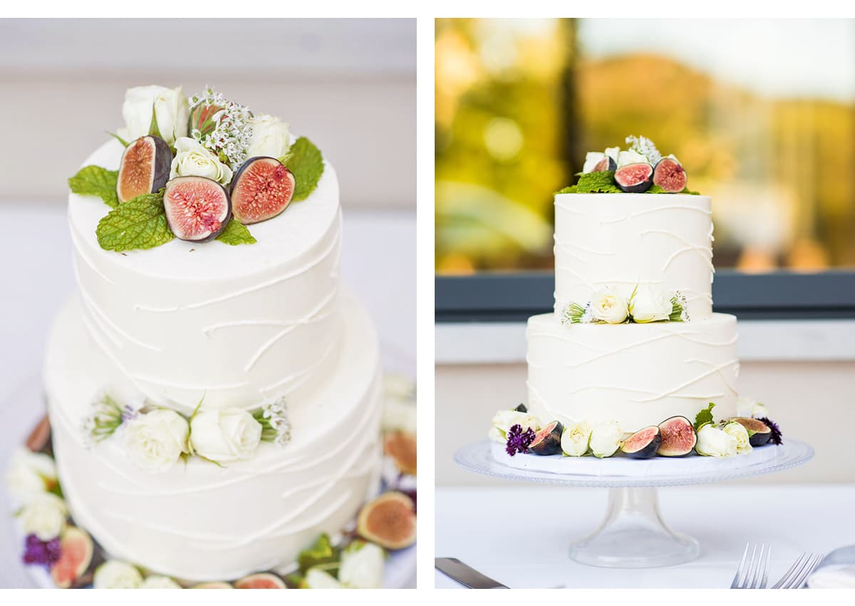 Side by side photos of fig and mint wedding cake