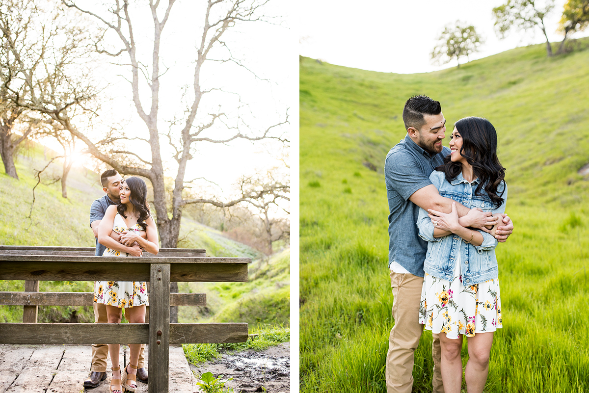 Side by side photos of engaged couple on wooden bridge