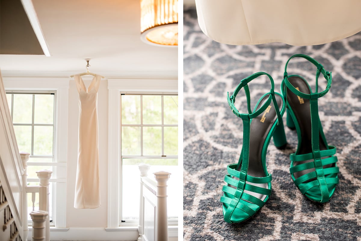 Detail of wedding dress and shoes at Claremont Hotel