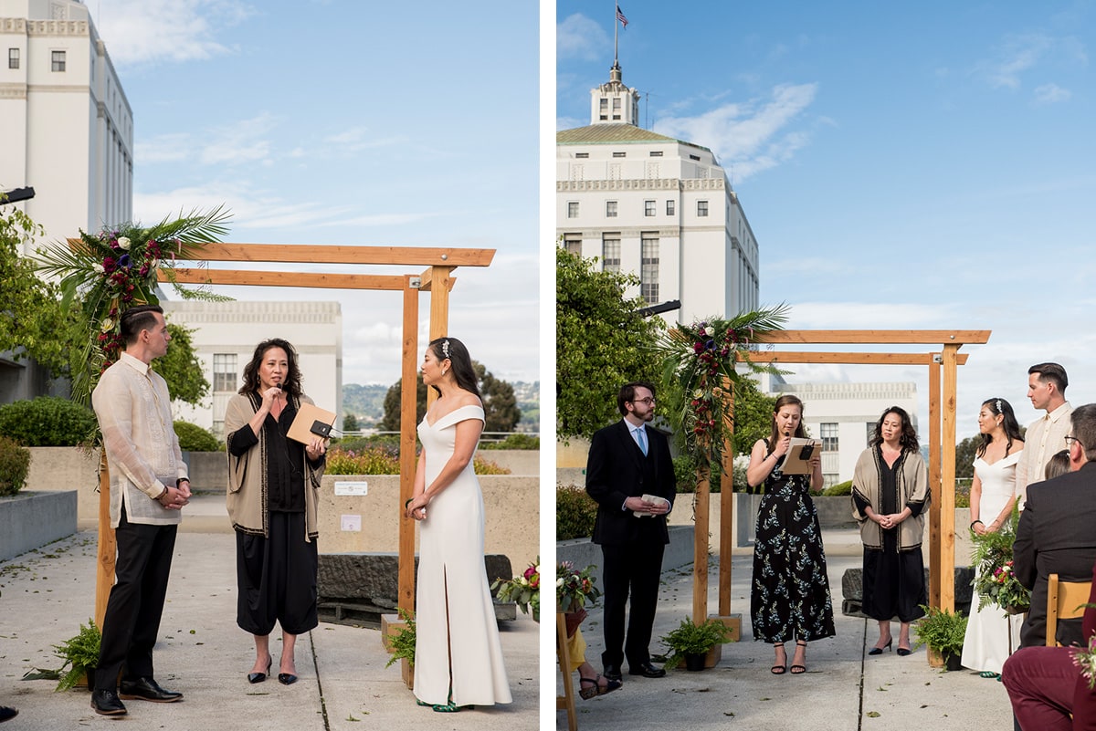 Side by side photos of wedding ceremony at Oakland Museum