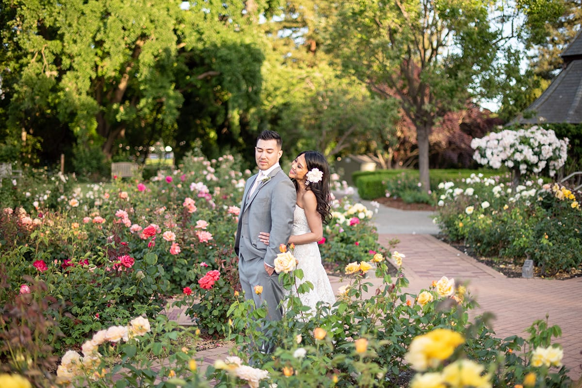 Bride and Groom standing in the rose garden at Heather Farm in Walnut Creek