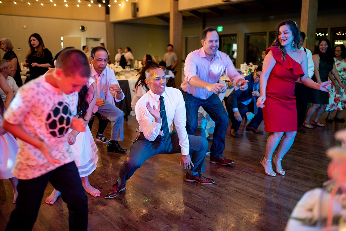 Wedding guests dancing during reception