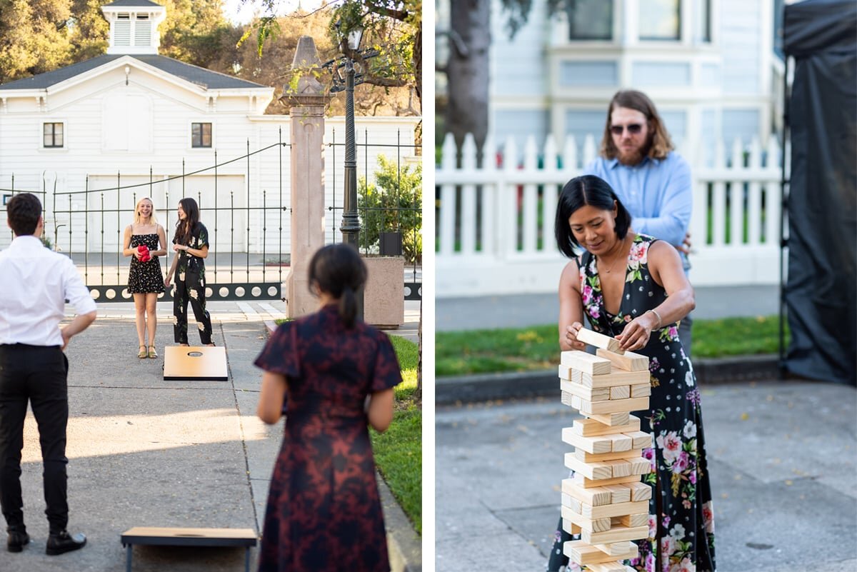 Wedding guests playing games during cocktail hour