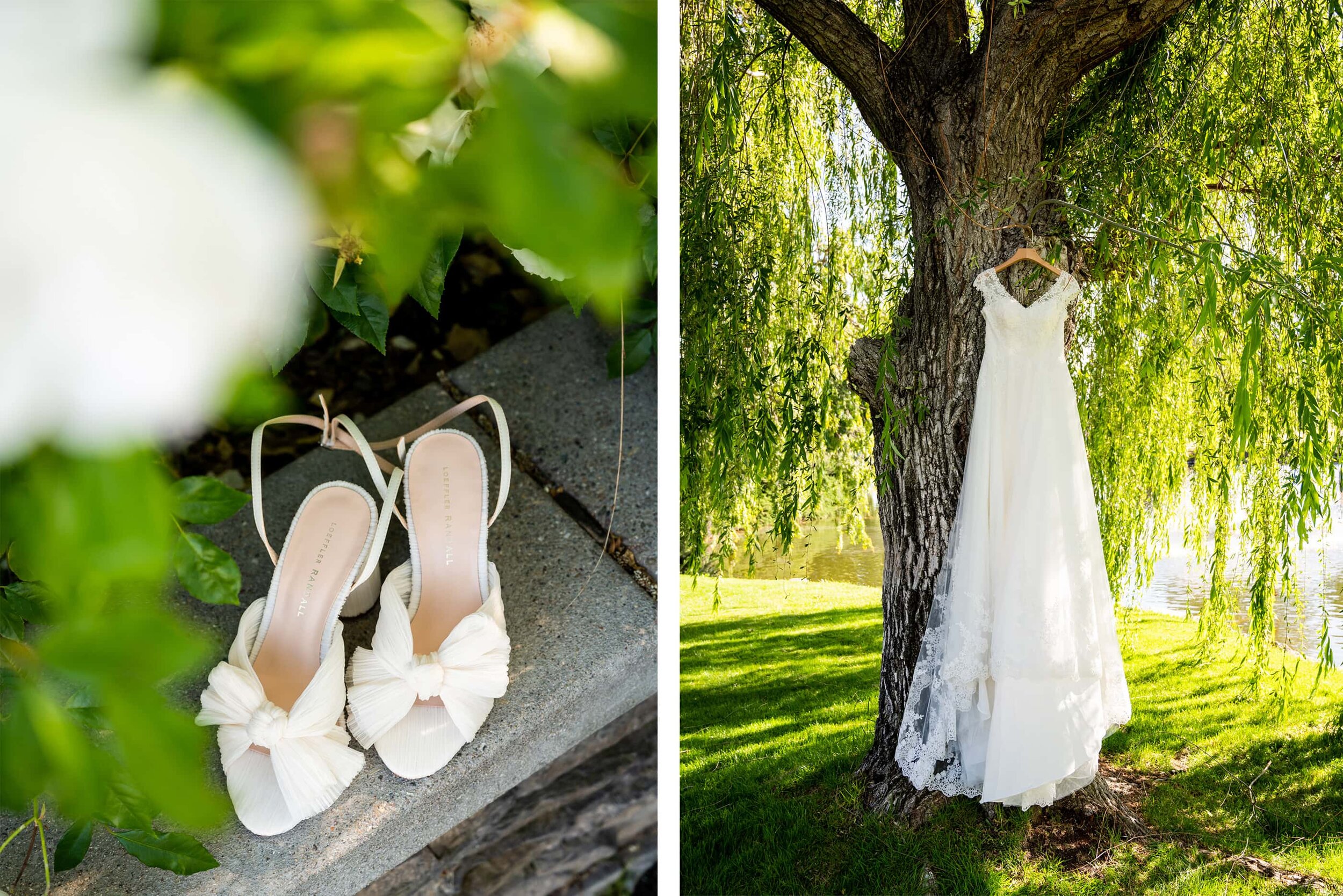 Detail of bridal shoes and wedding dress at San Ramon Waters