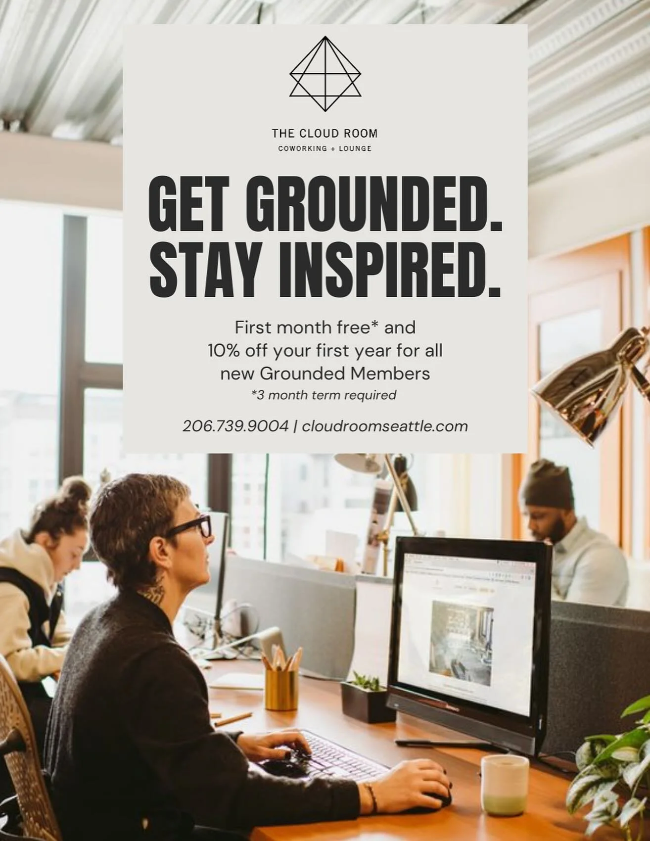 Get Grounded. Stay Inspired. 

⏰ For a limited time, sign up for a Grounded Membership and get your first month FREE* plus 10% off through the rest of your first year. 

🌟 Our Grounded Membership is our most comprehensive coworking package designed 