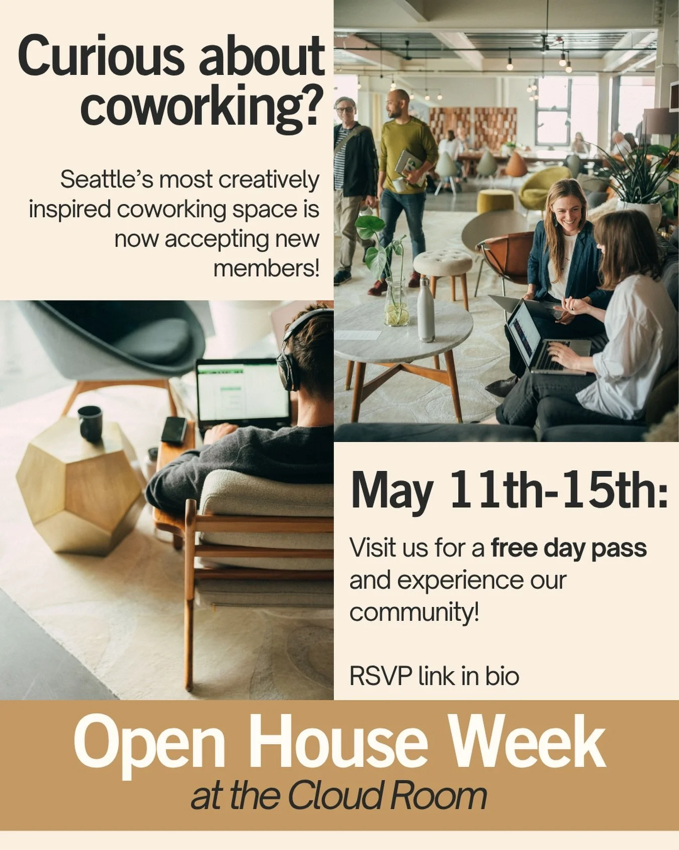Ready to find your new work lifestyle groove? ☑️ Come try The Cloud Room next week for free during our Open House Week, May 11-15!

What&rsquo;s included:
☁️ Free trial day - pick any day that week 
☁️ Access to our lounge, phone booths, bar, and pat