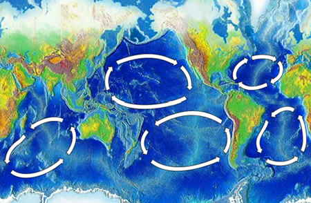 Ocean Gyres. This image shows the five major ocean gyres. They act like giant whirlpools, collecting higher quantities of plastics. Imagery by NOAA