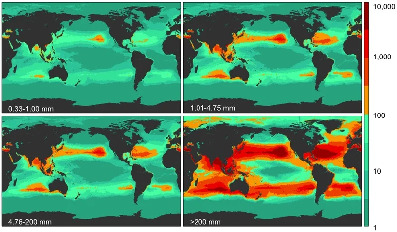 Above: Model results for global plastic weight density in four size classes. ( Eriksen et. al. 2014 ) The numbers in the lower left of each picture indicate the size of plastic being looked at, the bar on the right indicates the projected weight density. Red is a higher plastic weight, blue is lower.