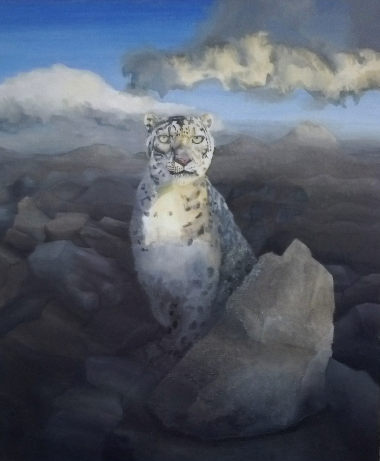   "Snow Leopard", oil, 24" x 28", 2015 (leopard image based on the original photograph by Gerry Ellis).  