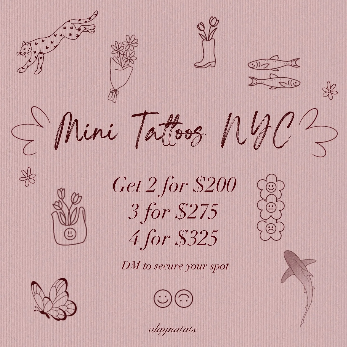 🌸Mini Tattoos in NYC🌸

Come get your next set of mini tattoos! These tiny tattoos were thoughtfully designed with lots of love for you! 

They&rsquo;re all meant to be smaller than an inch, so you can bundle them together! You can get 2 for $200, 3