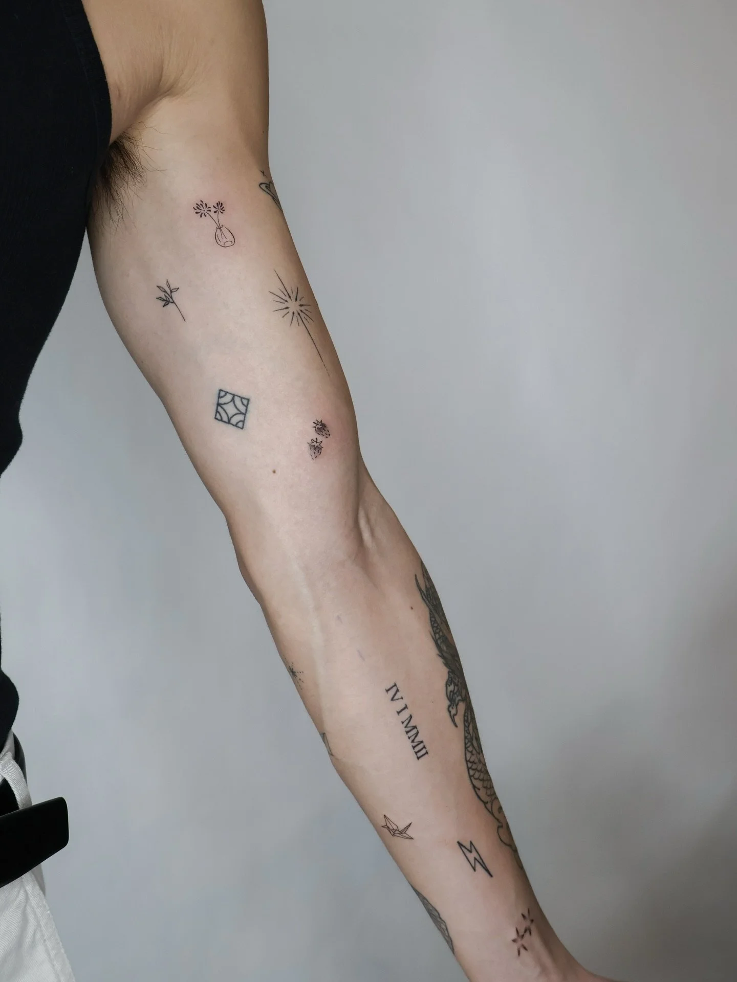 Mini additions for Theo&rsquo;s patchwork sleeve 💕 All from my Minis Flash 

You have until Jan 31st to book your Mini Tattoos 💌 DM to secure your spot!

Done at @nicetattooparlor 

#finelinetattoo #finelinetattooartist #minitattoo #microrealism #n