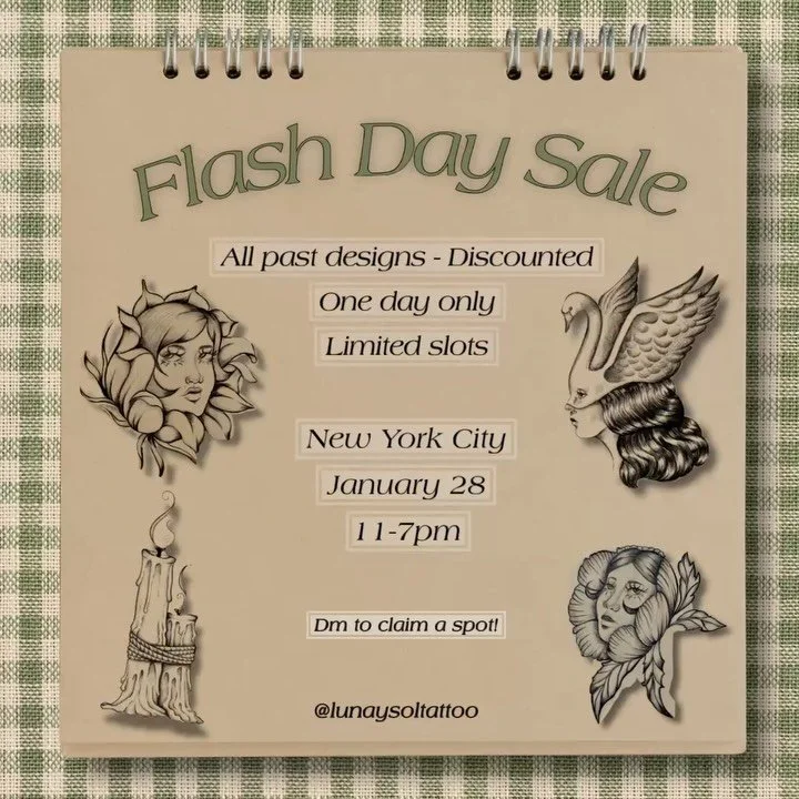 ✦Books open for January!✦

I&rsquo;m excited to announce a one-day flash sale for this month 🤍
All past flash designs will be available at a discounted price! 
[Repeats allowed] 

✧ One day only - 1/28/26
✧ Limited slots
✧ NYC- Private studio 

Dm t