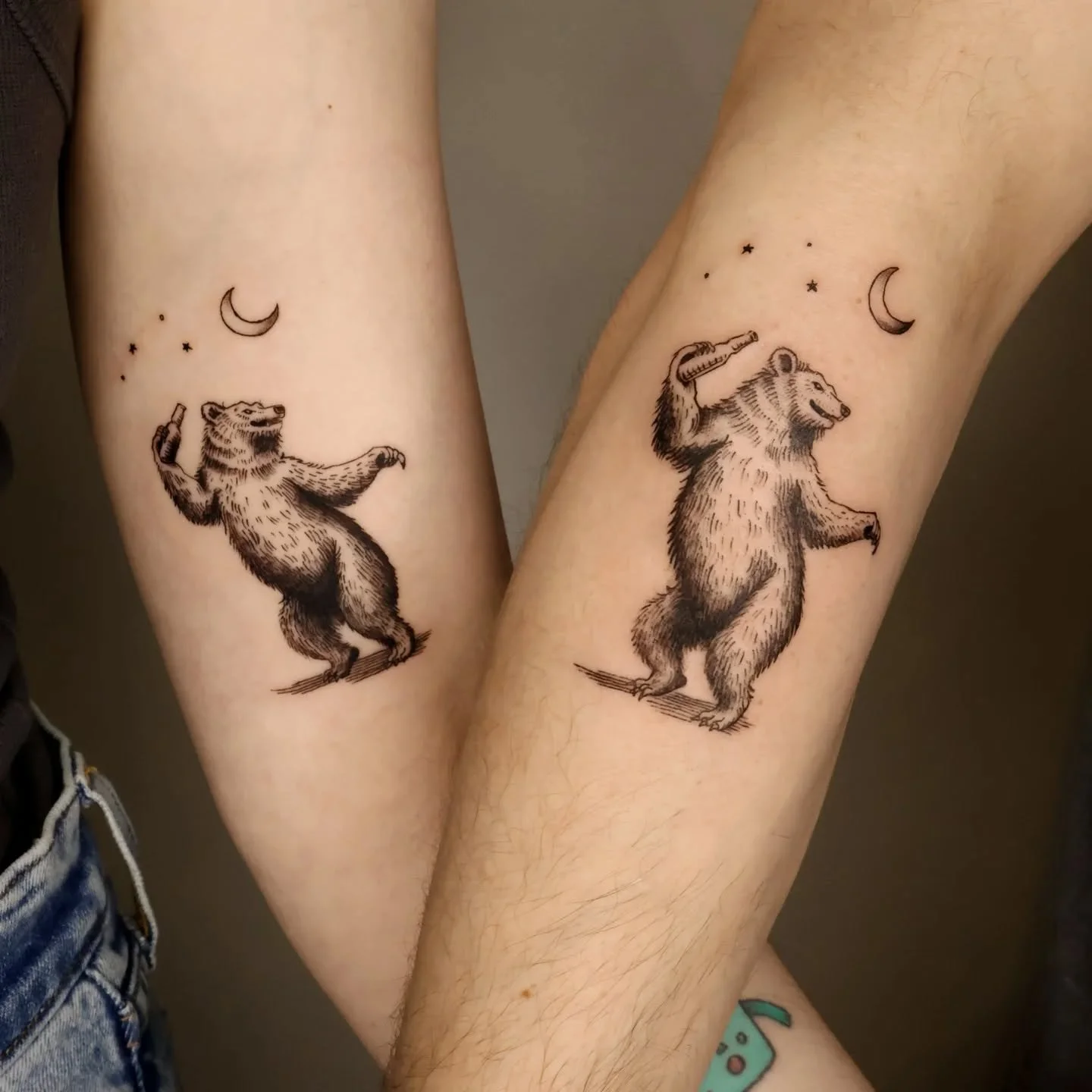 Matching custom tattoos, a bear living their best life, Dancing in the Moonlight 🎶.
Thank you S &amp; N and congratulations on celebrating your 7th anniversary!!!! So lovely to meet you both and create this for you two 🥰
.
#matchingtattoos #illustr