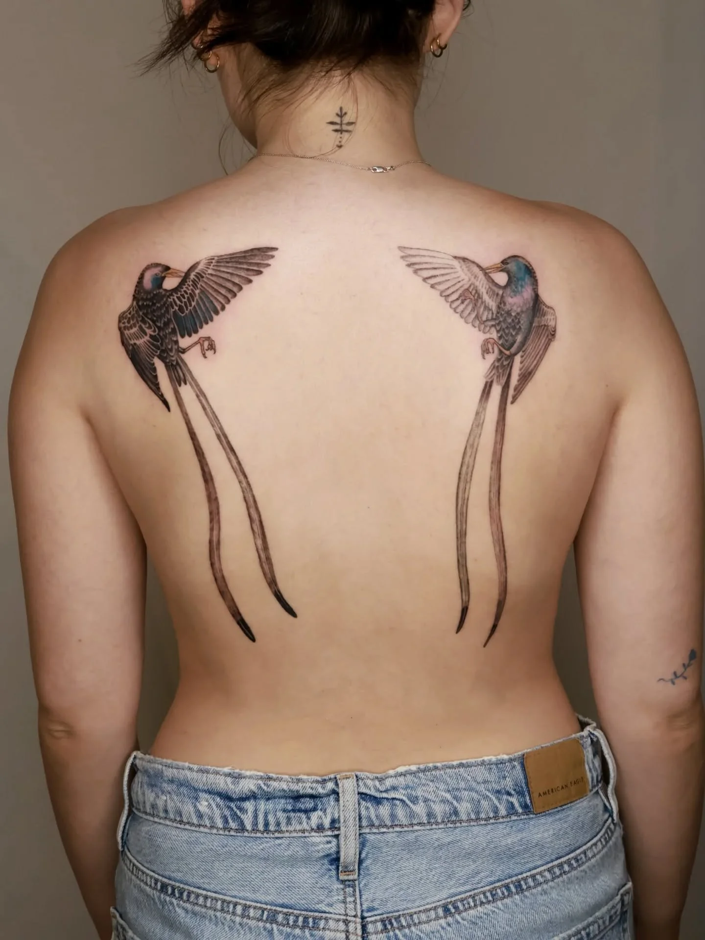 A beautiful vintage Starlings duo tattoo for Lily! In color and almost a ying yang since one bird is designed to be lighter! Thank you for bringing this project to me, it was Soo fun to do and to work with you!!
.
#starlingtattoo #birdtattoo #vintage