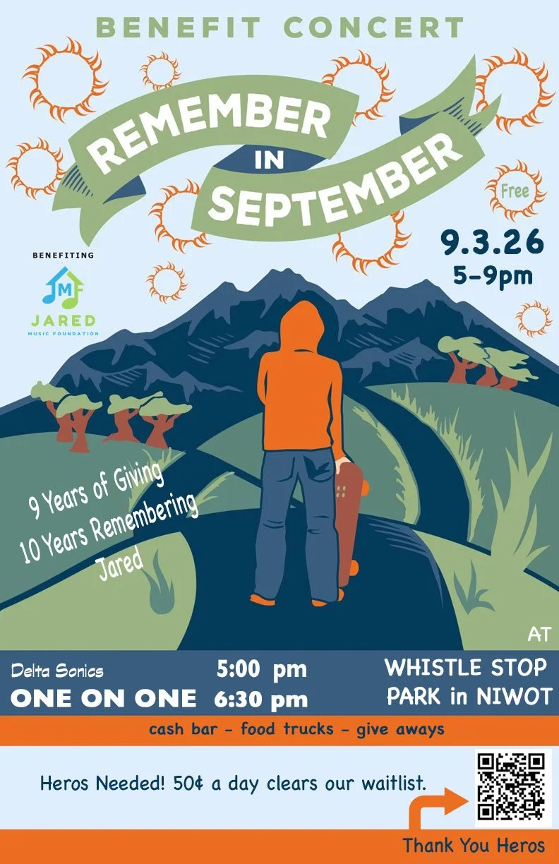 Illustration of a benefit concert poster for 'Remember in September' benefiting Jared, with mountain landscape, trees, and a person with a skateboard, scheduled for September 3rd from 5 to 9 pm, at Whistle Stop Park in NIWOT, featuring a cash bar, food trucks, and giveaways.