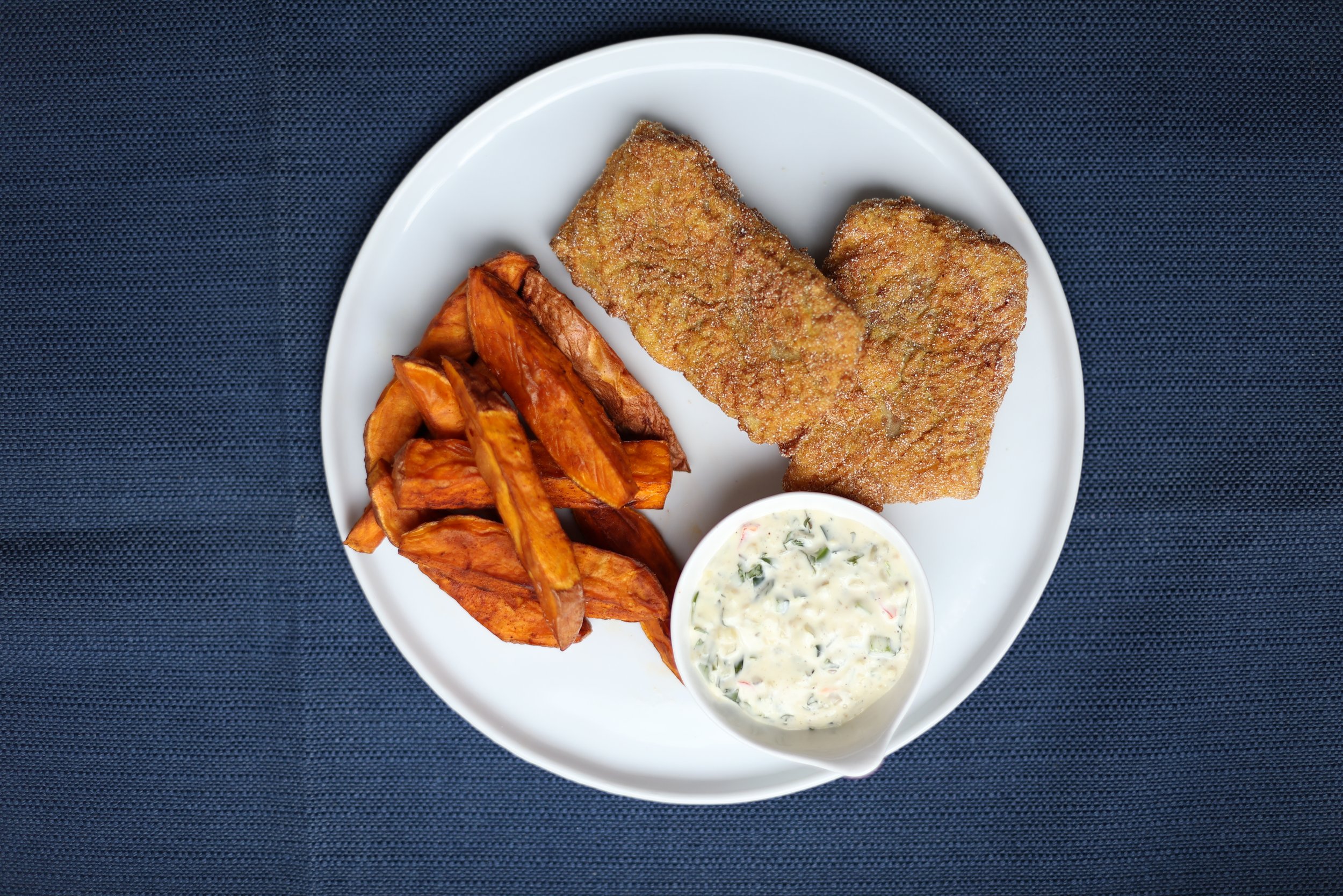 Fish and “chips”  roasted sweet potato fries with hot Tatar Sauce.JPG
