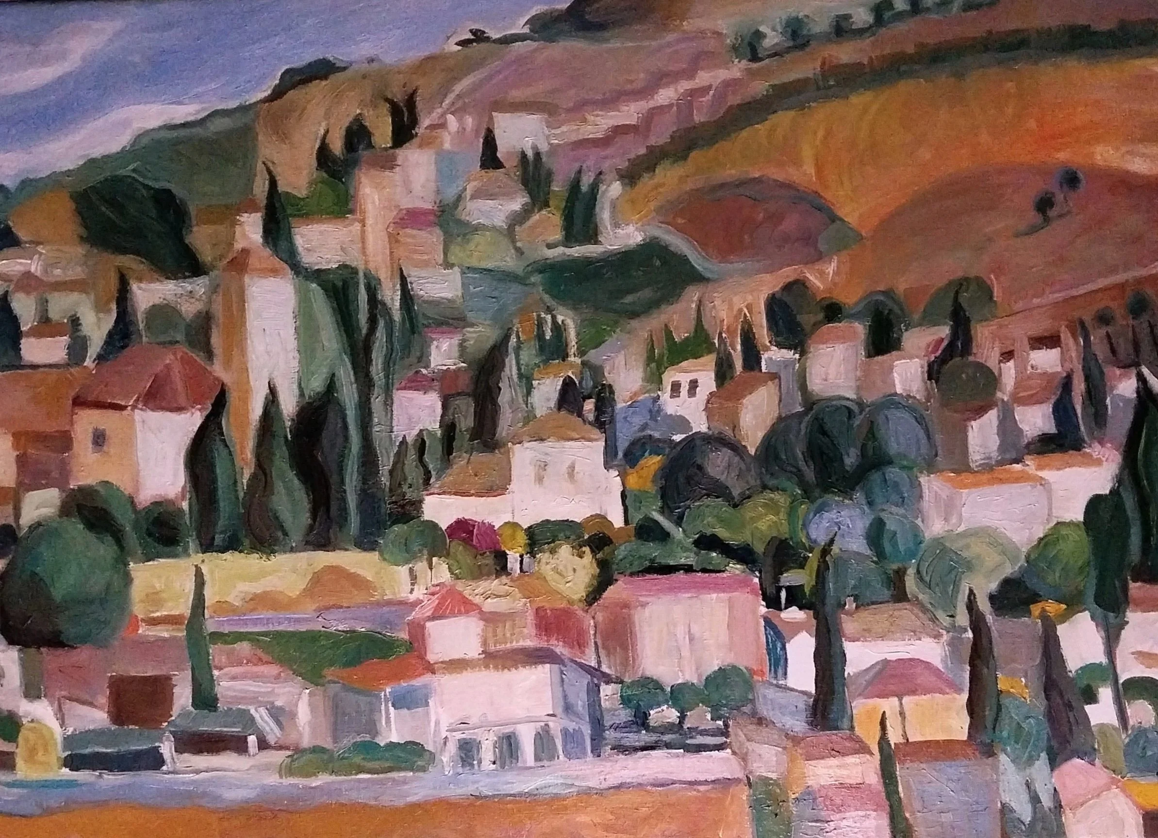 Des maisons blanches escaladent les collines baignée de lumiere orangé  

 

50 x 70 cm