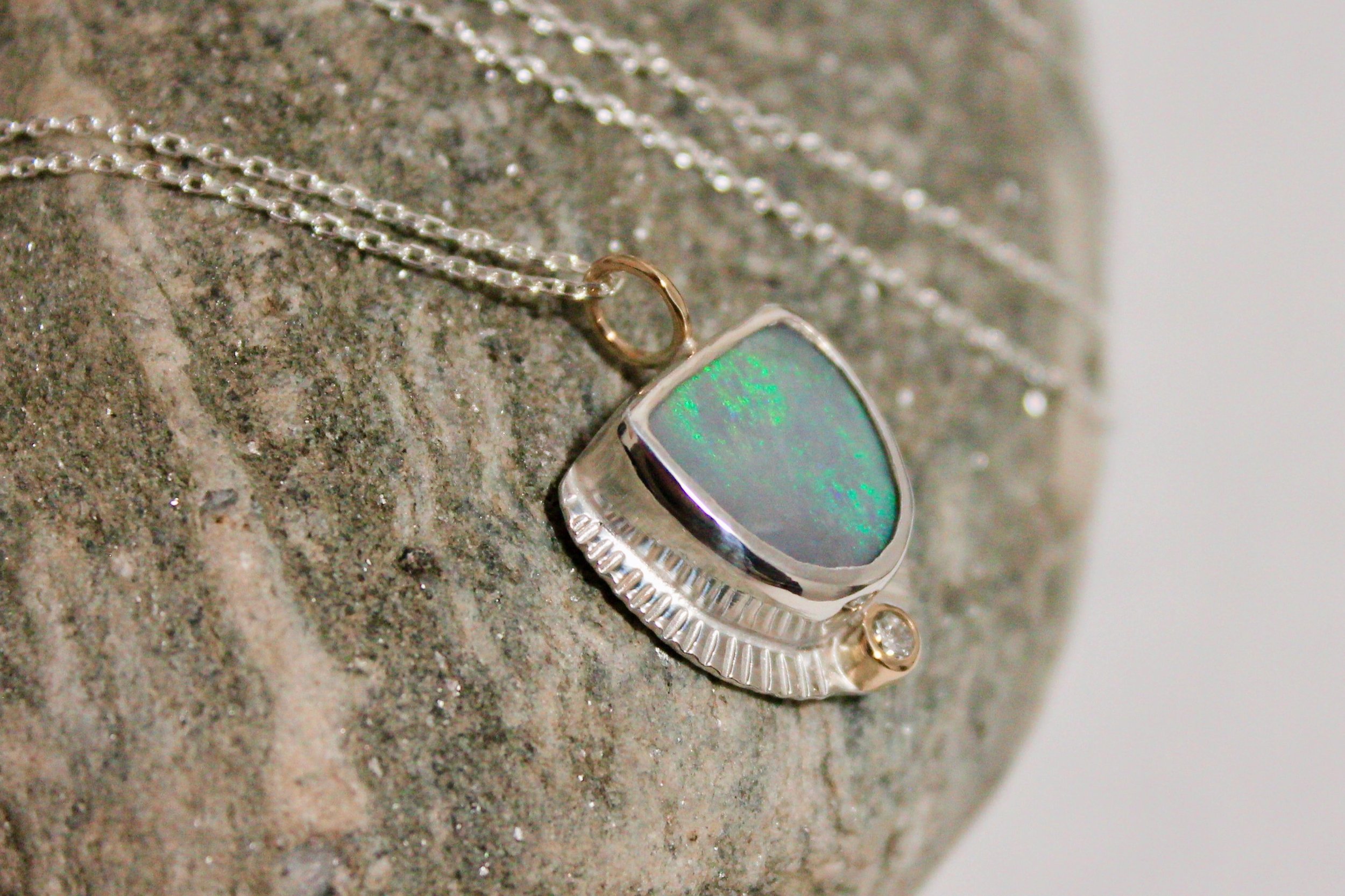 Australian Opal + Diamond Radiate Shield Necklace