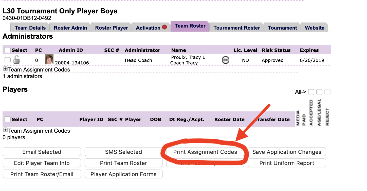 Once you have registered as a Coach or Team Admin - you can access your Print Assignment Codes button from your team roster.