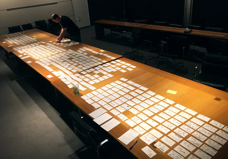 Our entire feature laid out in notecard form. (May 2016)