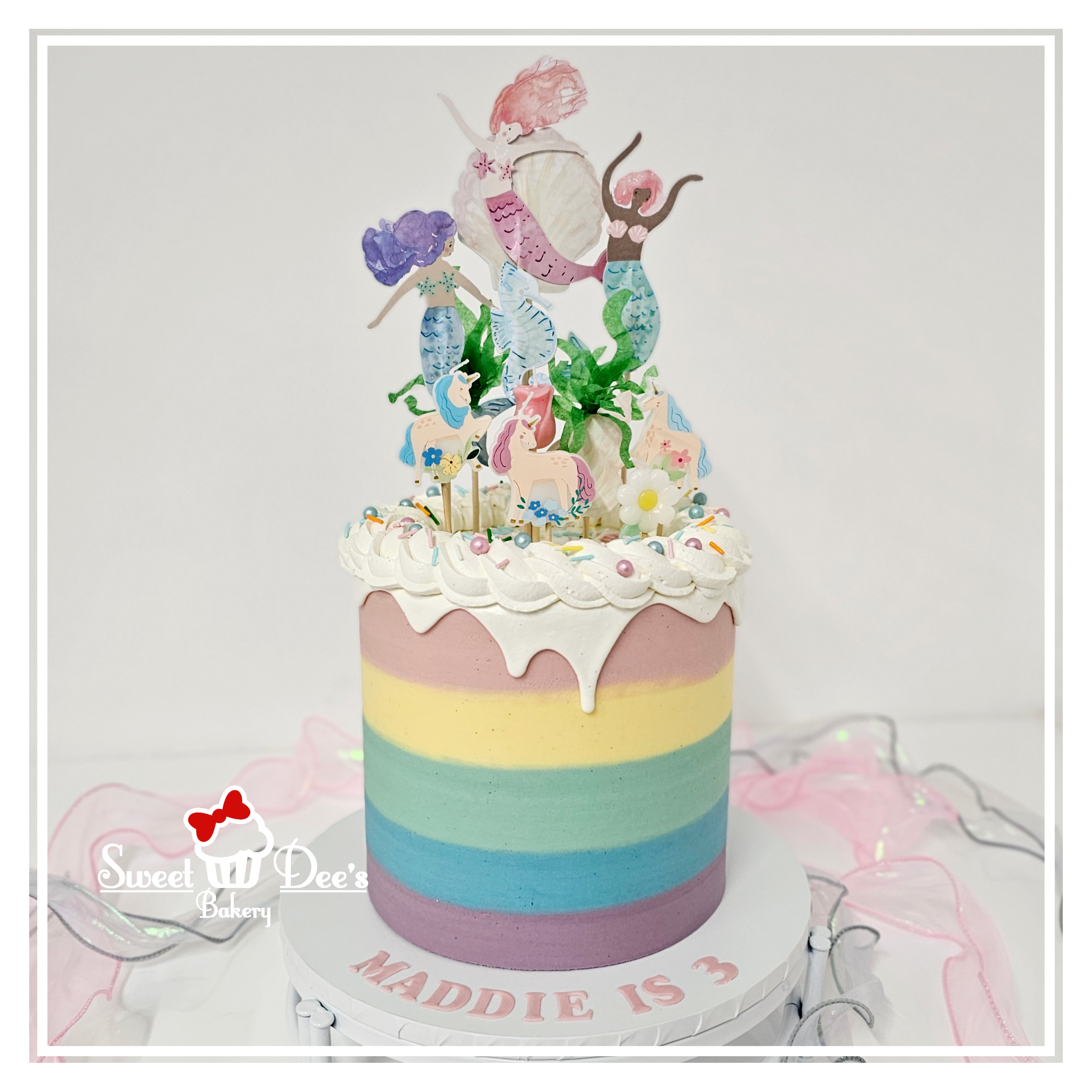 Mermaids & Unicorns Pastel Stripe drip Cake