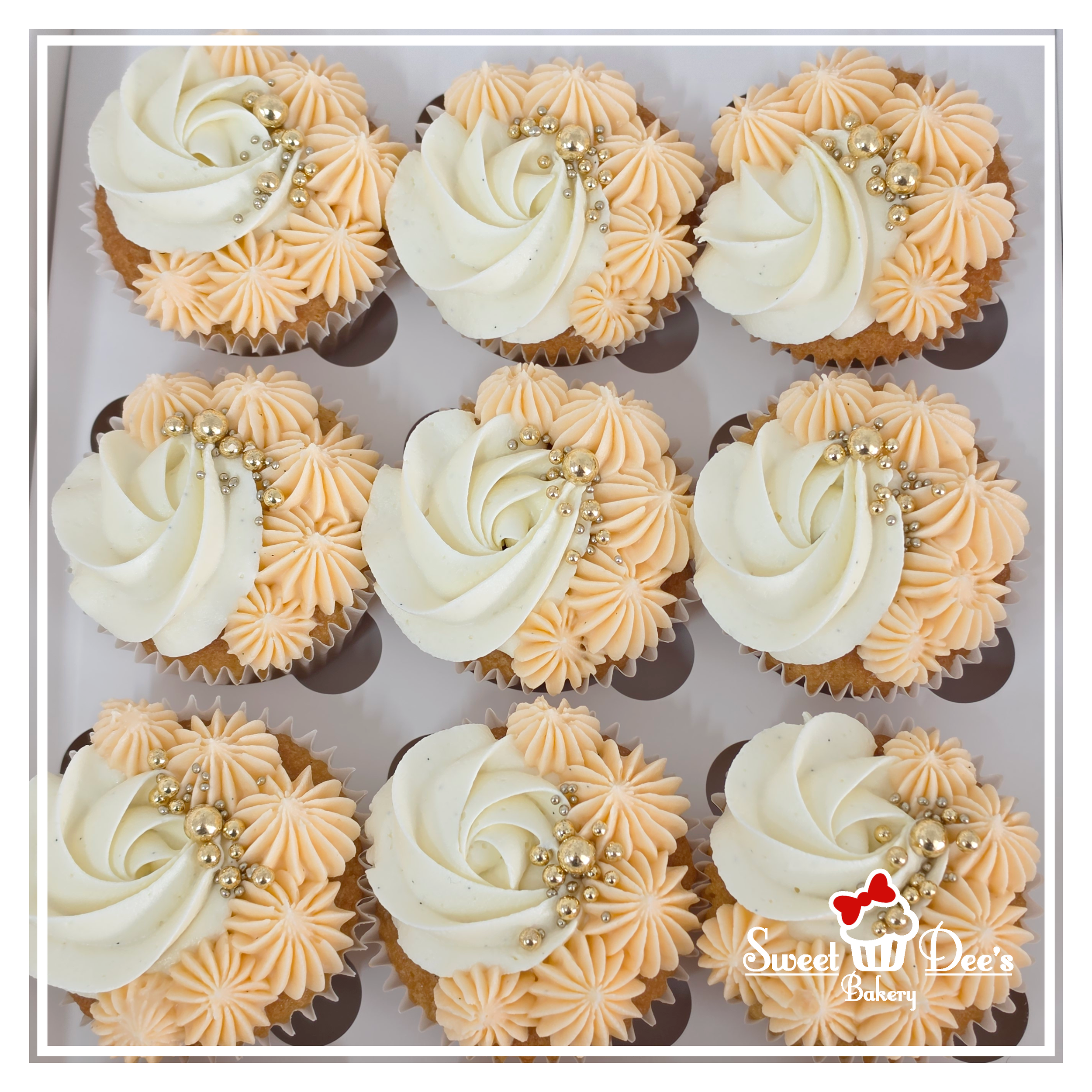 Peach & White cupckes with gold sprinkles