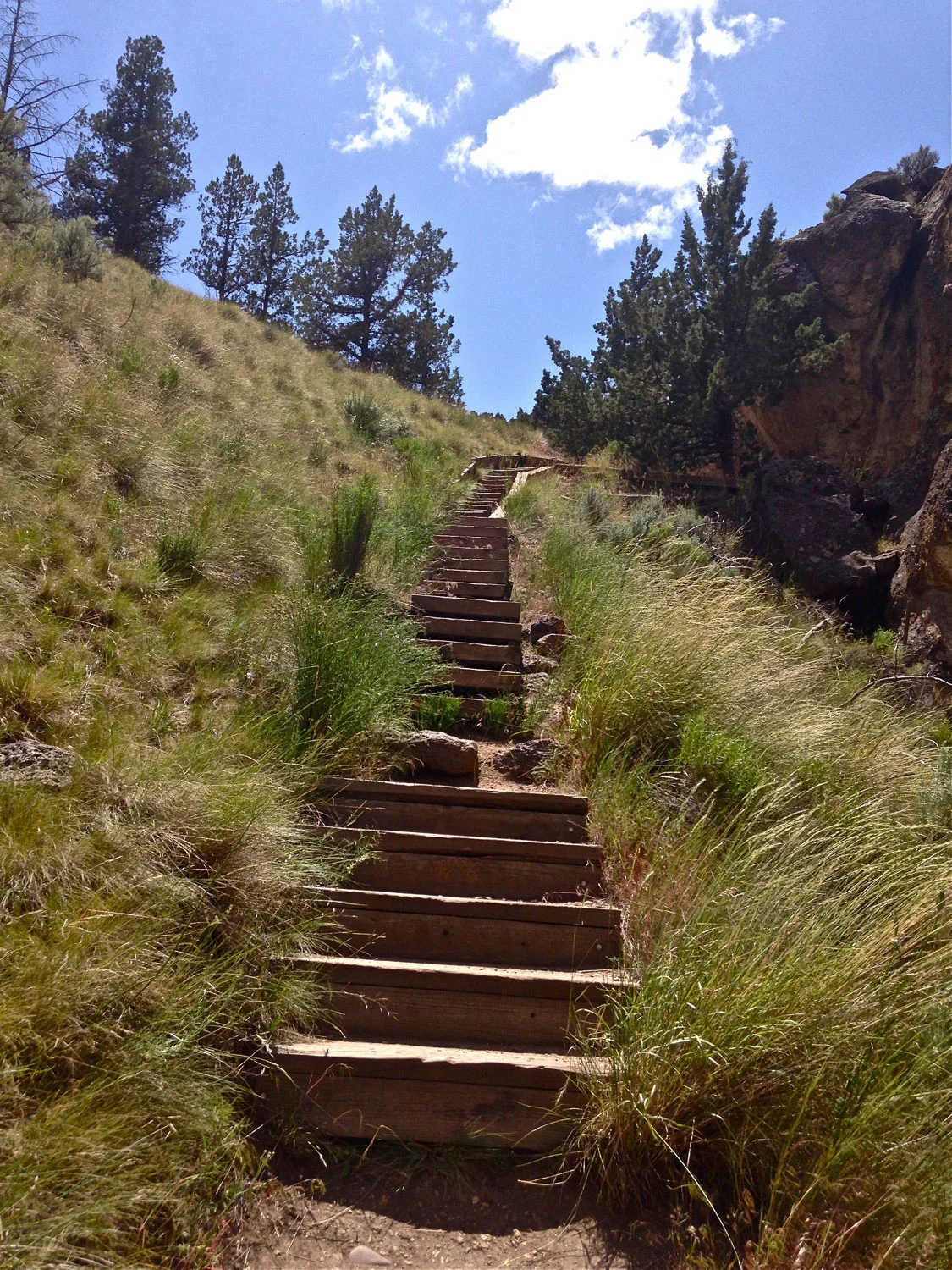 Scree trails yield to more stairs as the Rope-de-Dope Trail continues up to the top of the canyon at Smith Rock State Park.