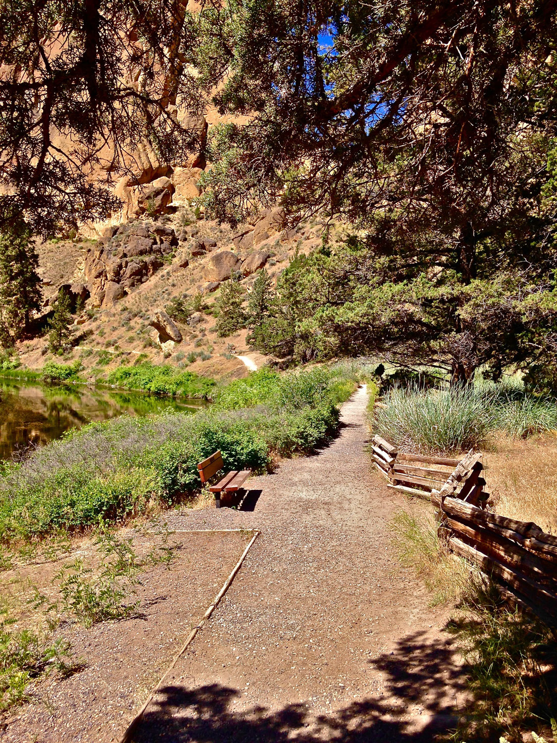 A bench on the River Trail and a trail up to a compost restroom allow you to hang out and watch the climbers at Smith Rock State Park.