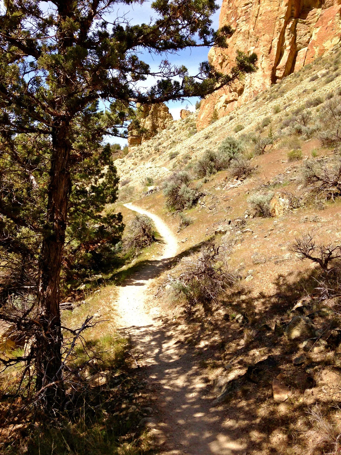 The Summit Trail at Smith Rock State Park moves away from the river and toward the rock walls.