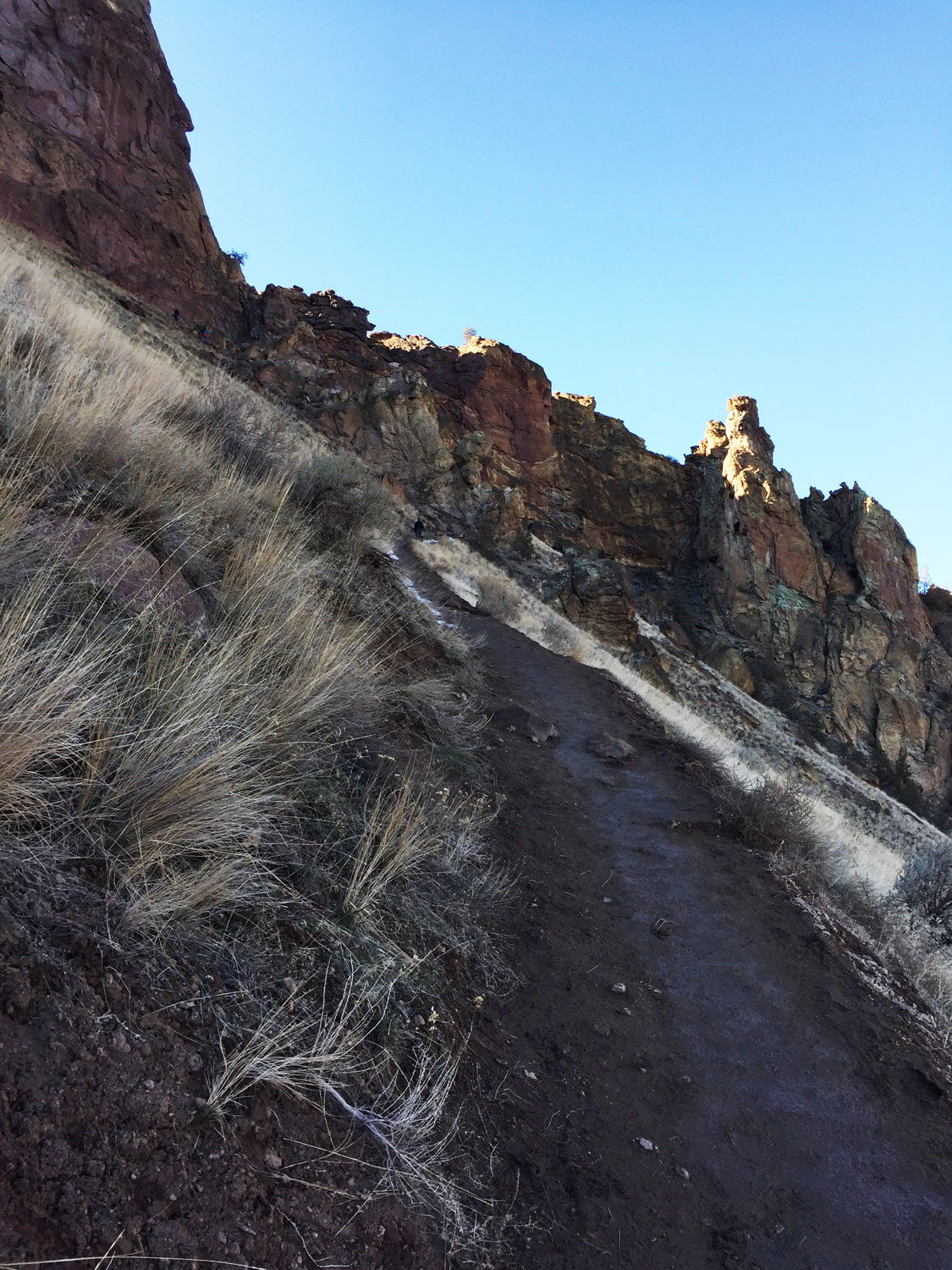 A series of switchbacks doubles back and forth to snake up the Misery Ridge Trail at Smith Rock State Park.