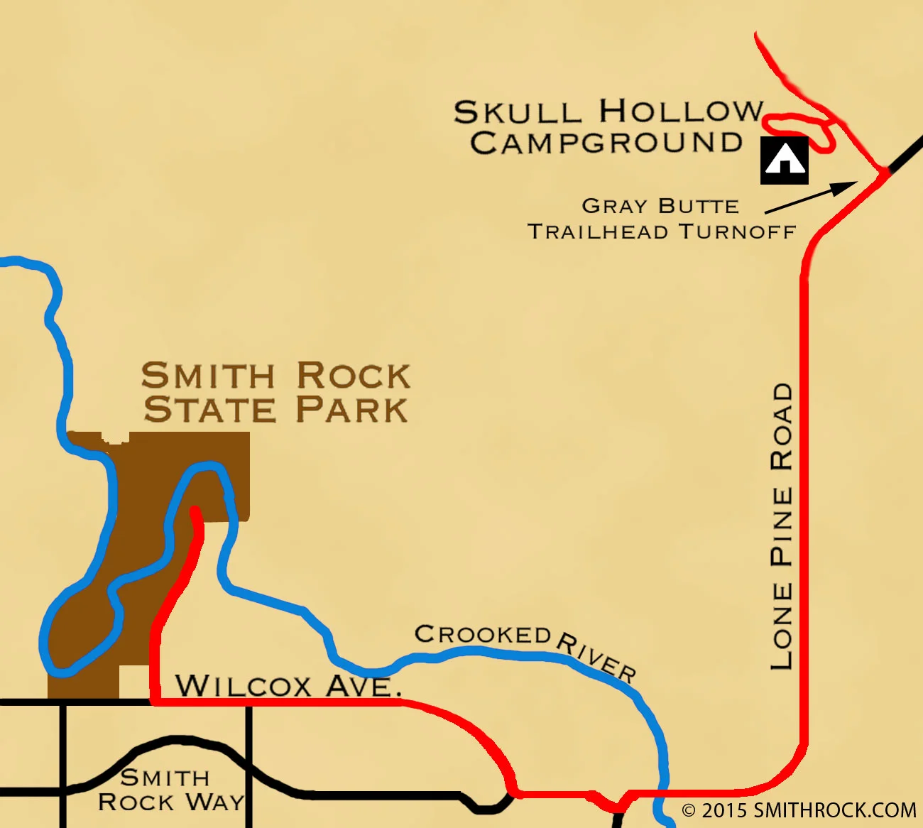 map from Smith Rock State Park to Skull Hollow Campground—click to enlarge