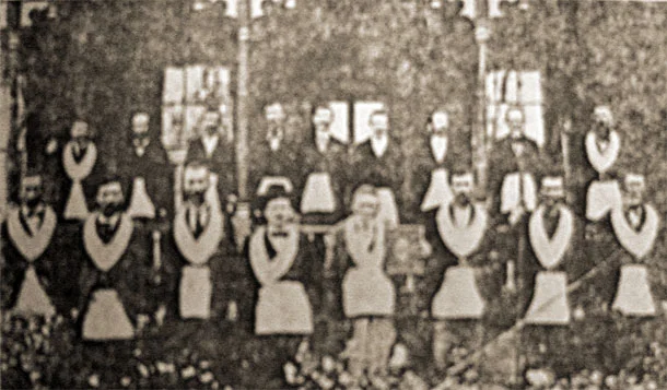 This picture of Inman 201 A.F.M. Lodge members was take circa 1900 in front of the the Inman Hotel. Reading from left to right, front row: Gabe Foster, Mr. McElrath, Ed Finch, Enoch Lawrence, Simeon Gowan, Jim Pope, Hill Humphrey, (Grandpa) Humphrey. Back row: Lee Moore, Wreck King, Jim Brock, Tom Brock, Jackson Stone, E.I. Bishop (Mayor of Inman), Dr. J.R. Gibson, Mathew L. Bishop, Adam Ballenger. 