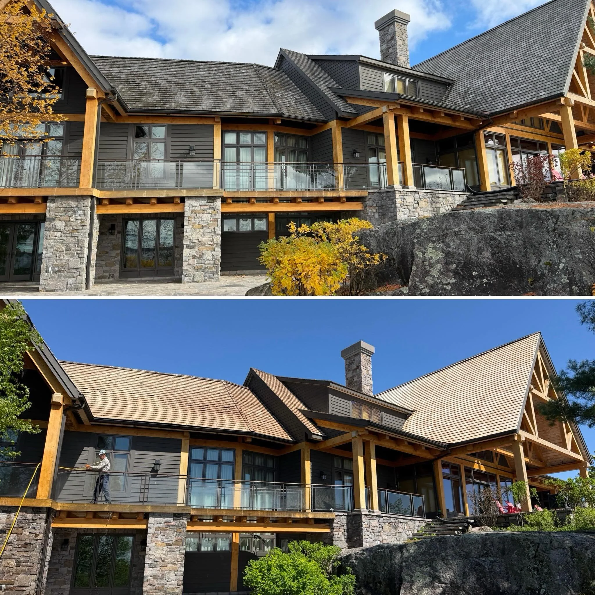 Protect your investment!  Have your cedar roof cleaned and extend its lifespan.
Cedar Shake Roof Cleaning Muskoka