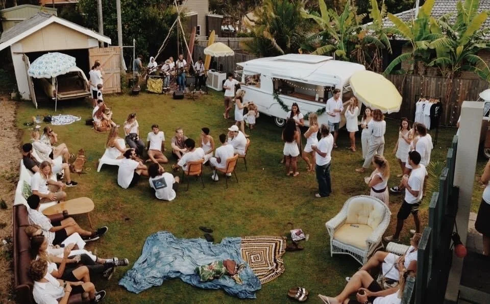 Friday knock offs 🍻 Here is one from the history books when we all &quot;accidentally&quot; dressed in white and boogied with @deardoonan at home 🎷 Ft the cheeky @kombi_photobooth 📸