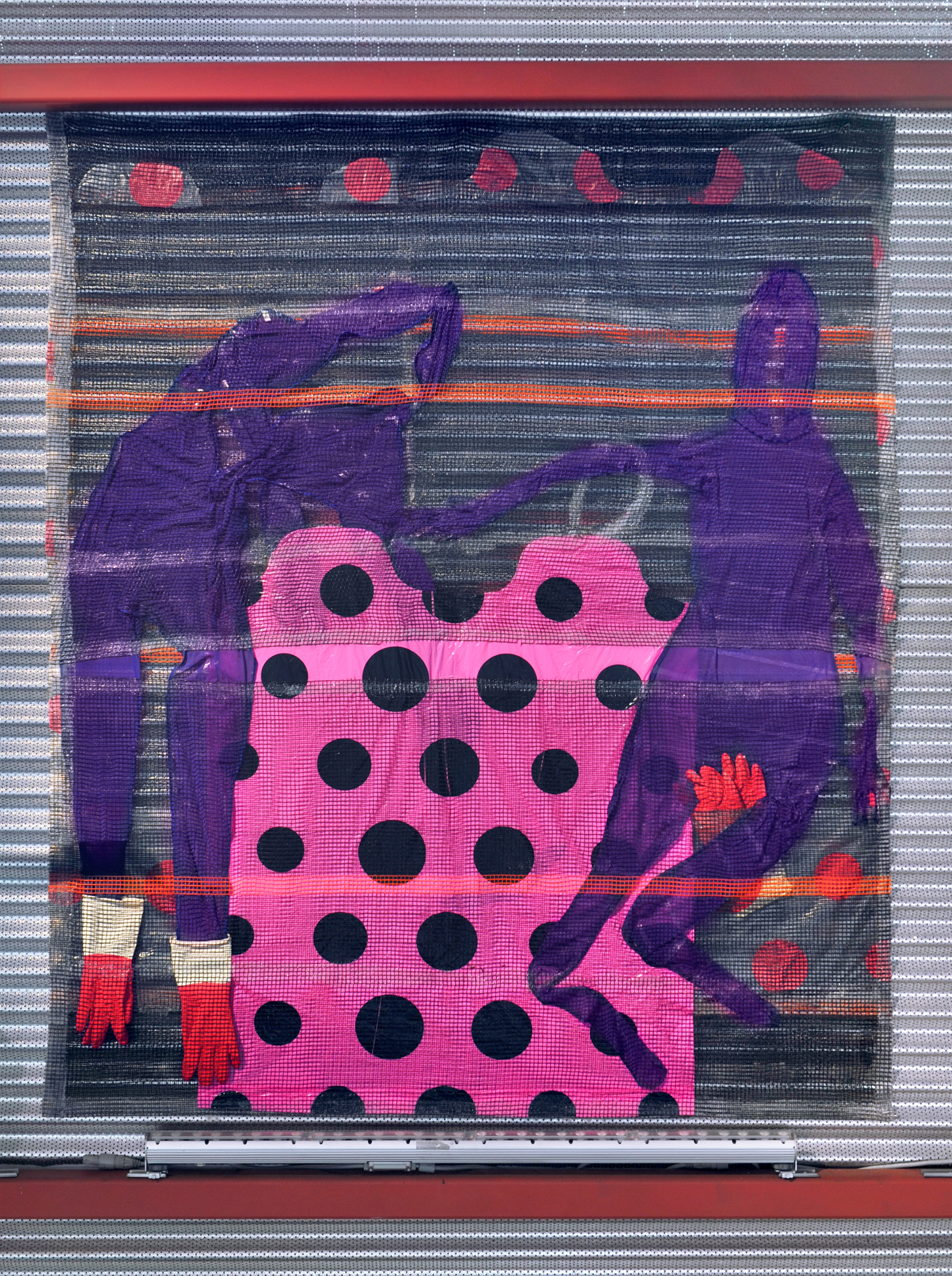HOIST STORE SHED , 2018, construction netting, zentai suits, spandex, neoprene, dye, acrylic paint, acrylic polymer, silicone, latex gloves and printed plastic bags from The Trash Project, 74" x 62" each. Photography by Andreas Vesterlund.