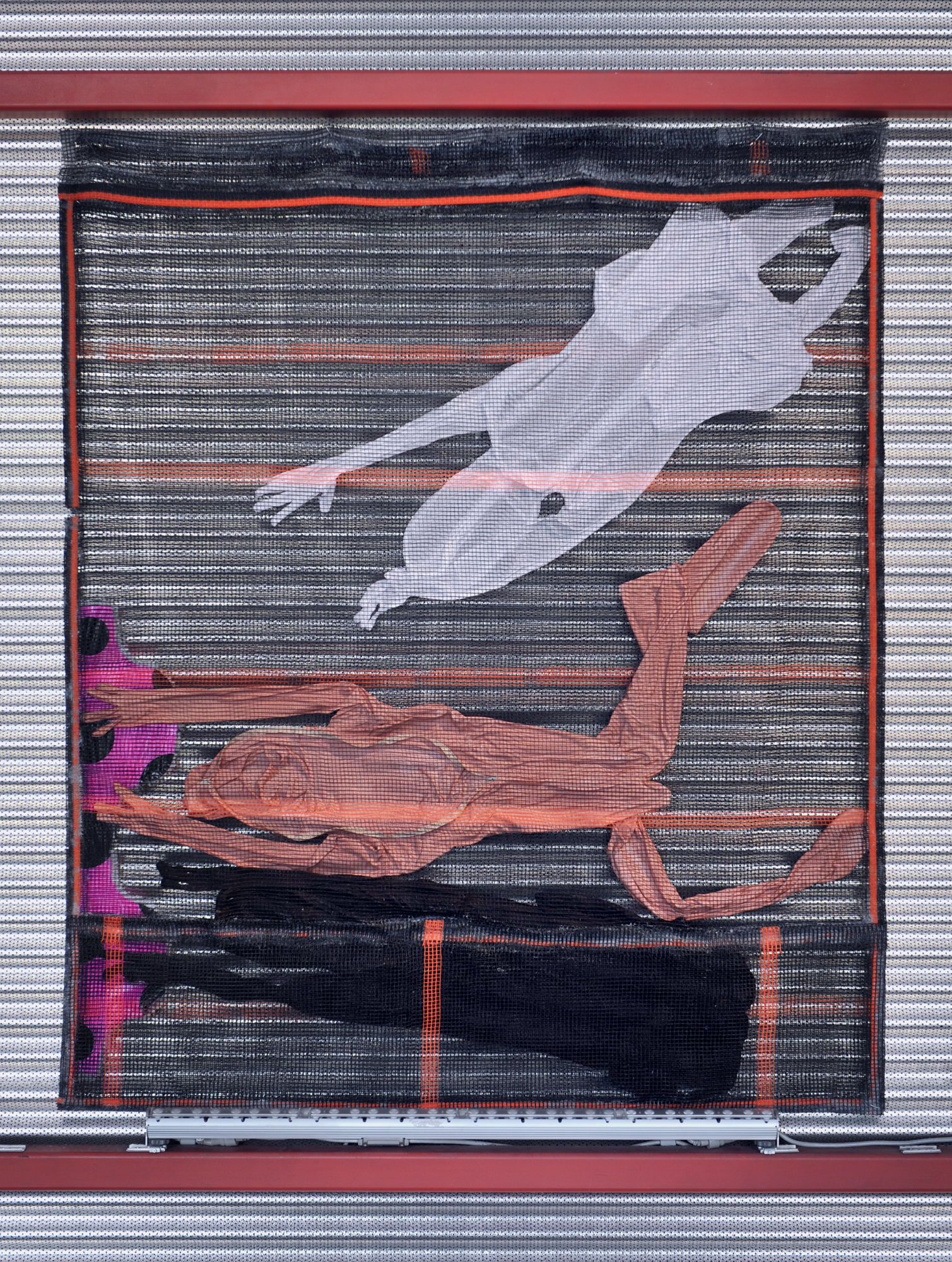 HOIST STORE SHED , 2018, construction netting, zentai suits, spandex, neoprene, dye, acrylic paint, acrylic polymer, silicone, latex gloves and printed plastic bags from The Trash Project, 74" x 62" each. Photography by Andreas Vesterlund.