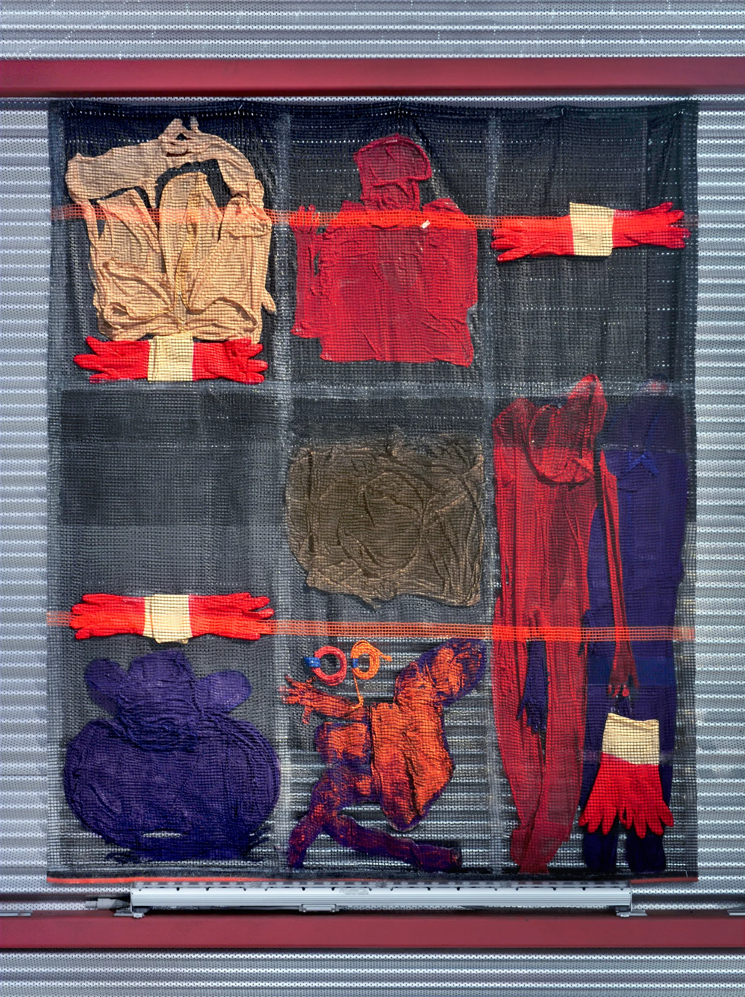 HOIST STORE SHED , 2018, construction netting, zentai suits, spandex, neoprene, dye, acrylic paint, acrylic polymer, silicone, latex gloves and printed plastic bags from The Trash Project, 74" x 62" each. Photography by Andreas Vesterlund.