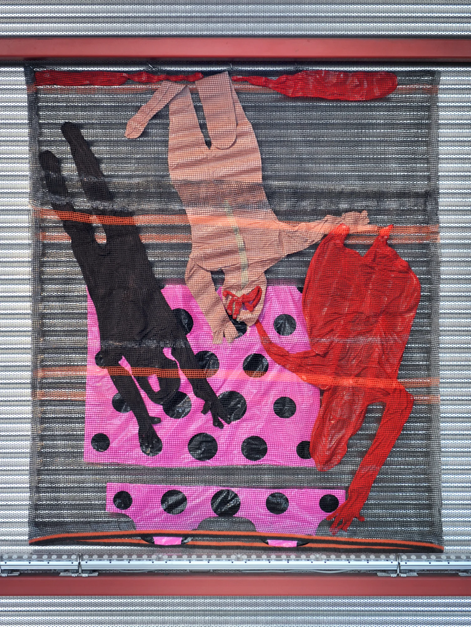 HOIST STORE SHED , 2018, construction netting, zentai suits, spandex, neoprene, dye, acrylic paint, acrylic polymer, silicone, latex gloves and printed plastic bags from The Trash Project, 74" x 62" each. Photography by Andreas Vesterlund.