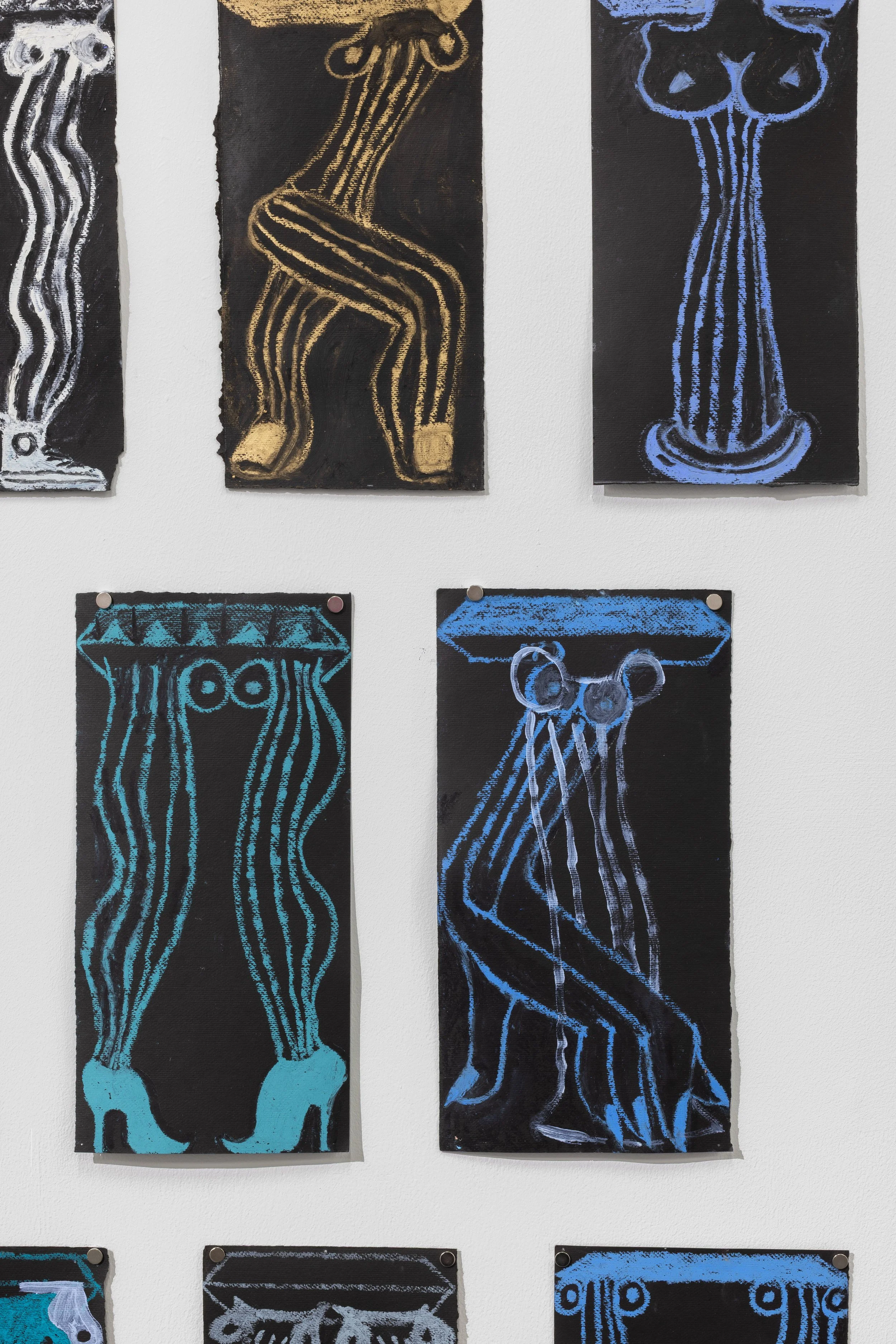  Oracle for Brutalist Architecture (detail)  ‍     ‍                                      2023-25. Oil stick on black paper, from 6.5” x 12” to 7” x 13” 