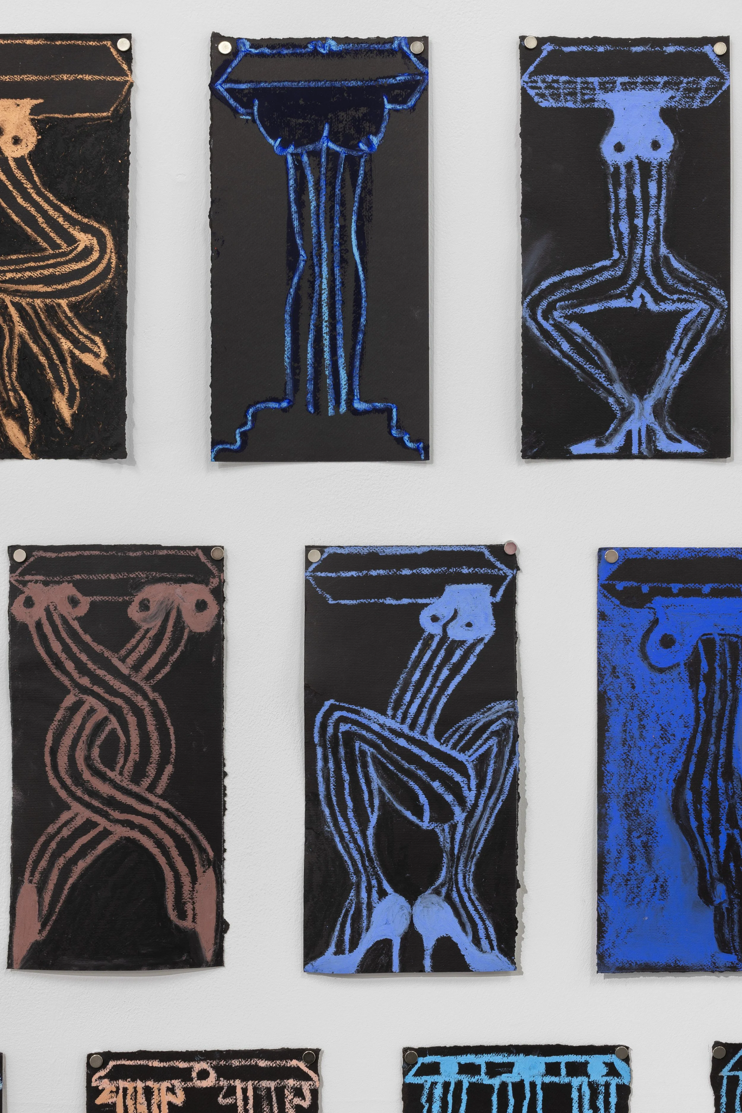   Oracle for Brutalist Architecture (detail)                                          2023-25. Oil stick on black paper, from 6.5” x 12” to 7” x 13” 