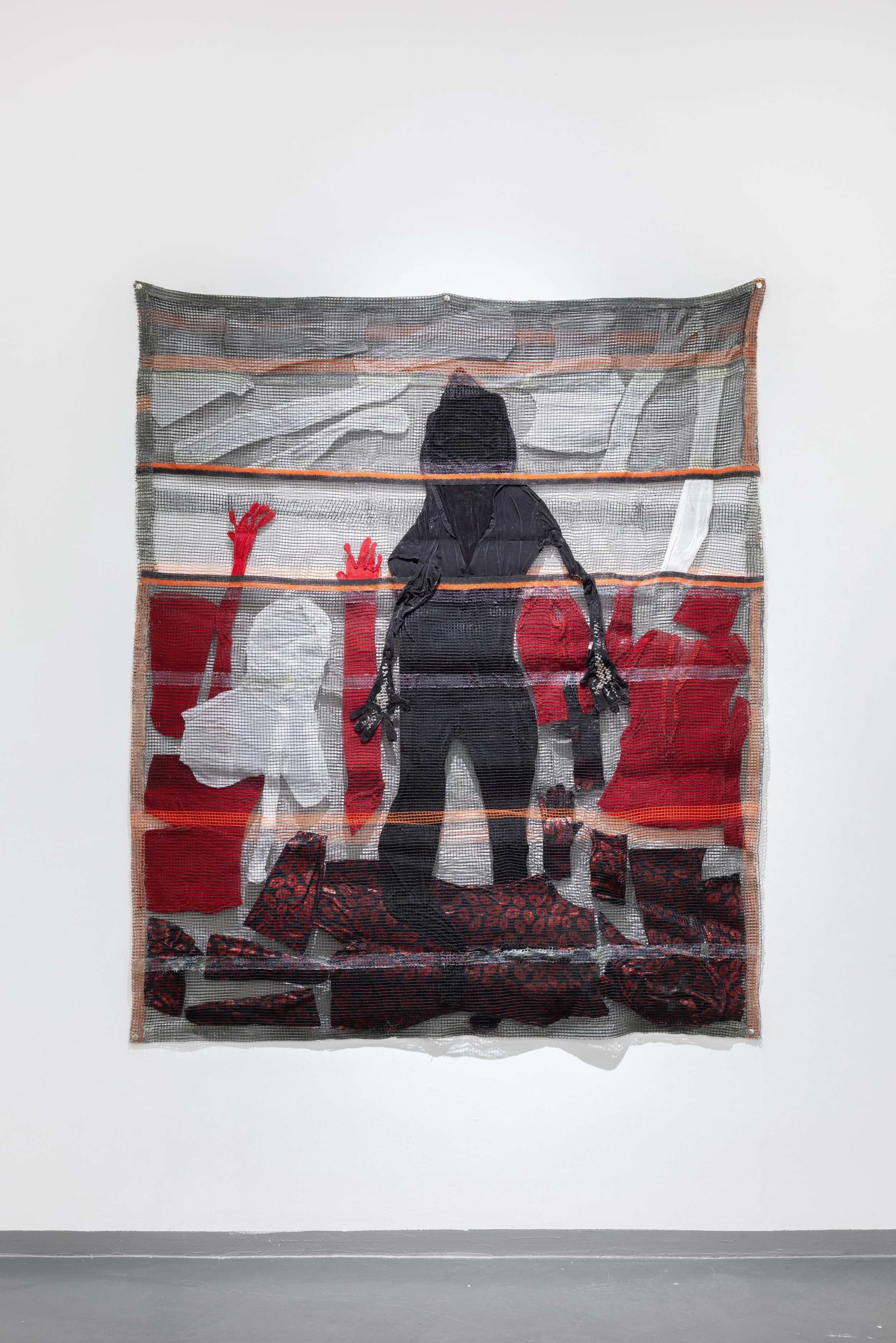    HOIST, STORE, SHED ‍   ‍                                2018-19. Series of 6 tapestries. Construction netting, spandex, neoprene, plastic, bungee cord, dye, acrylic, polymer, silicone, finger gloves, latex gloves, shoulder pads, bra pads, zentai s