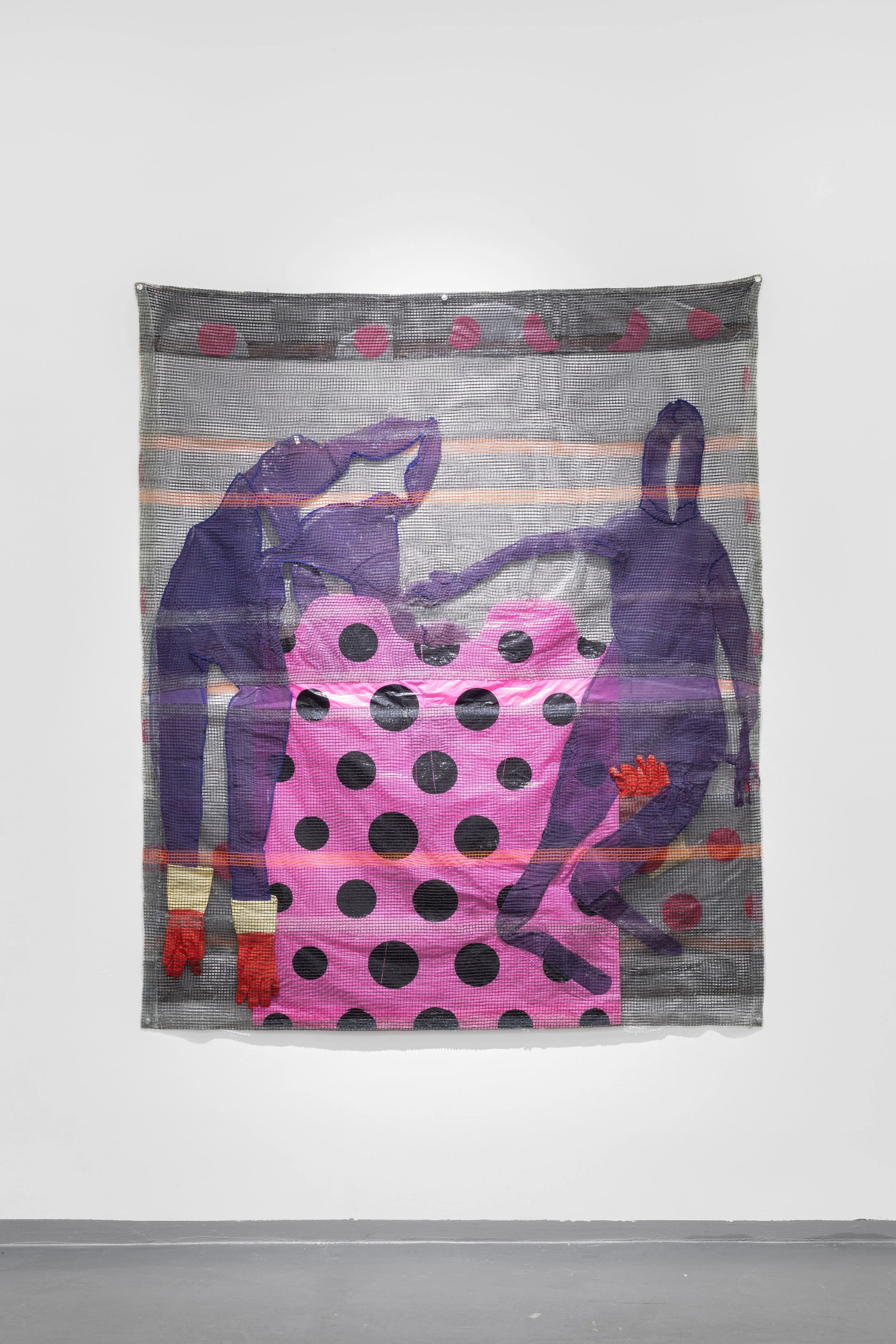    HOIST, STORE, SHED ‍   ‍                                2018-19. Series of 6 tapestries. Construction netting, spandex, neoprene, plastic, bungee cord, dye, acrylic, polymer, silicone, finger gloves, latex gloves, shoulder pads, bra pads, zentai s