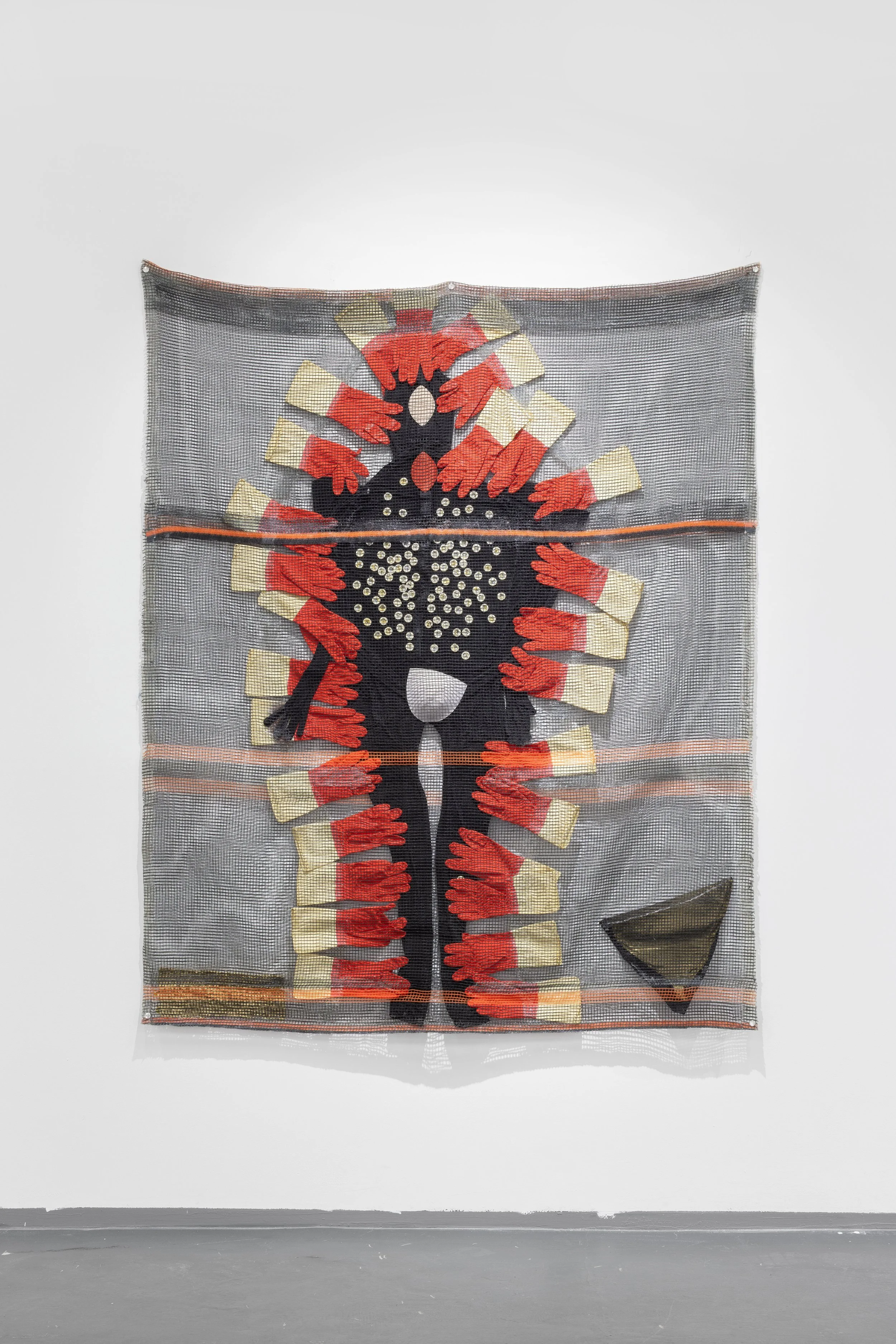    HOIST, STORE, SHED ‍   ‍                                2018-19. Series of 6 tapestries. Construction netting, spandex, neoprene, plastic, bungee cord, dye, acrylic, polymer, silicone, finger gloves, latex gloves, shoulder pads, bra pads, zentai s