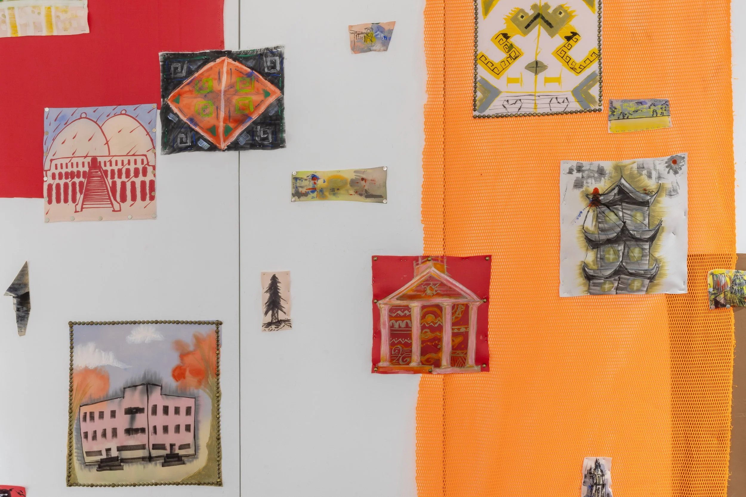    This Must Be the Place ‍   ‍                                          2026. Collaborative site-specific installation. Permanent marker and acrylic on neoprene with upholstery tacks, poly-fil, staples, reflective paper, foam, thread  