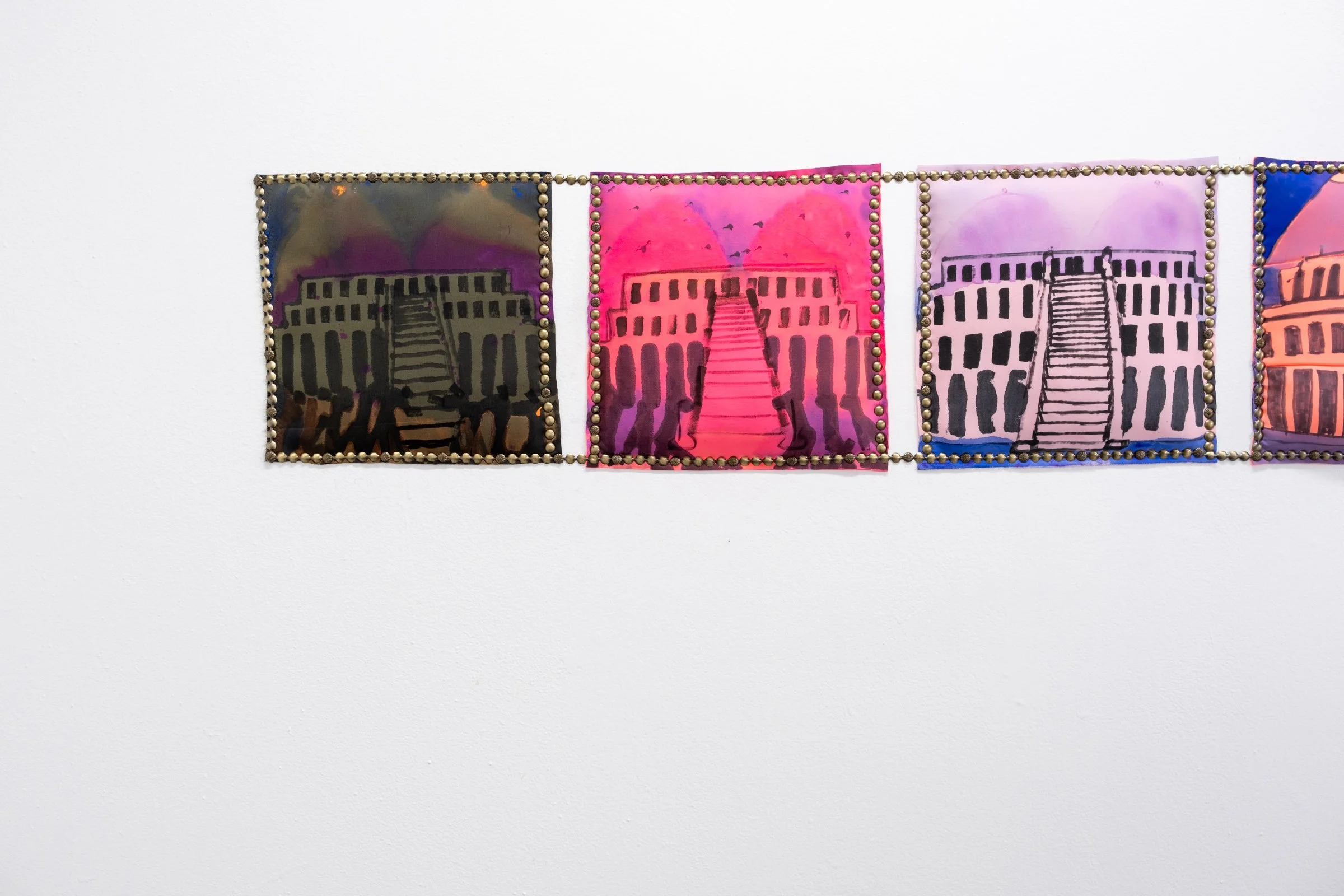   TOPS (For Hatshepsut)                                     2024 - 25. Site-specific installation of permanent marker, fluid acrylic on neoprene drawings, with upholstery tacks and poly-fil. 12" x 12" each; 12.5" x 150" overall 