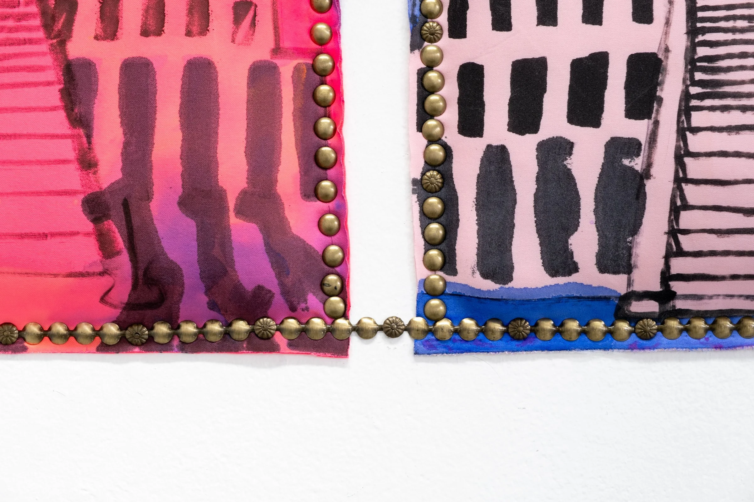   TOPS (For Hatshepsut)                                     2024 - 25. Site-specific installation of permanent marker, fluid acrylic on neoprene drawings, with upholstery tacks and poly-fil. 12" x 12" each; 12.5" x 150" overall 